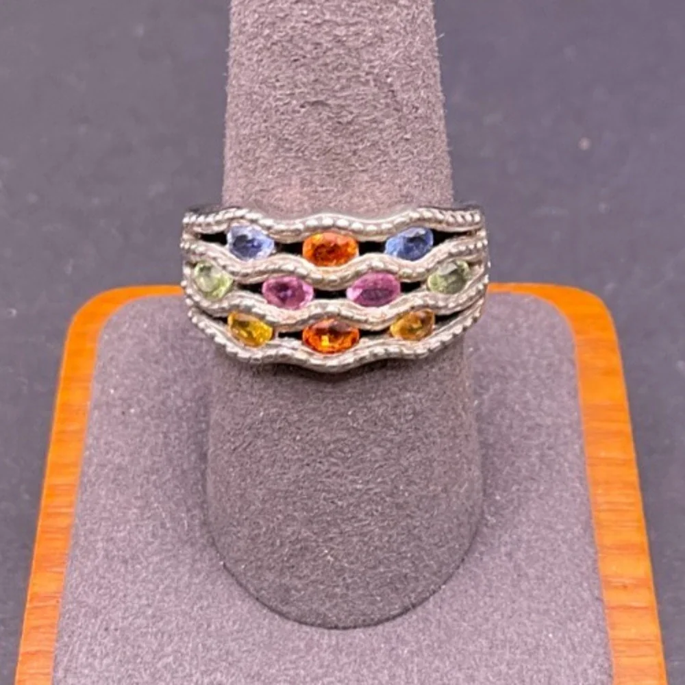 STS Signed 925 Sterling Silver Multi Gemstone Wave Band Ring Size 9